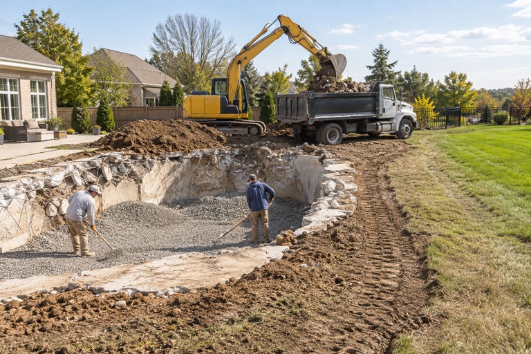 Crew raking gravel backfill into a demolished pool shell while a dump truck is loaded with broken concrete near Peoria, IL