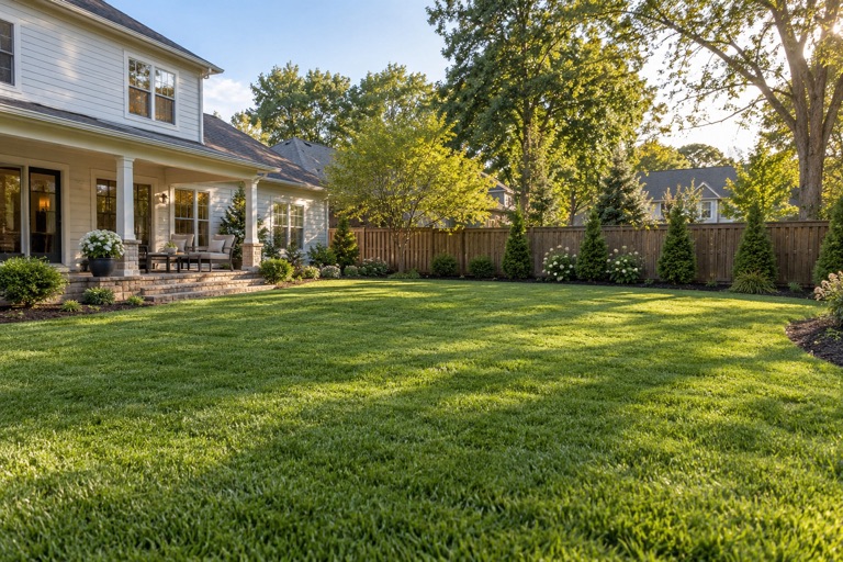 Level seeded lawn in a Peoria area backyard where an inground swimming pool was removed